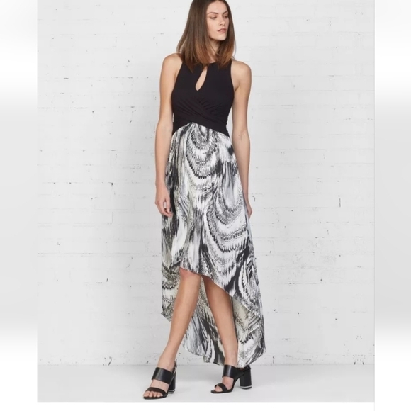 Bailey 44 NWOT XS Grumeti River Maxi Dress High Low Black White Graphic Ruched - Picture 1 of 15